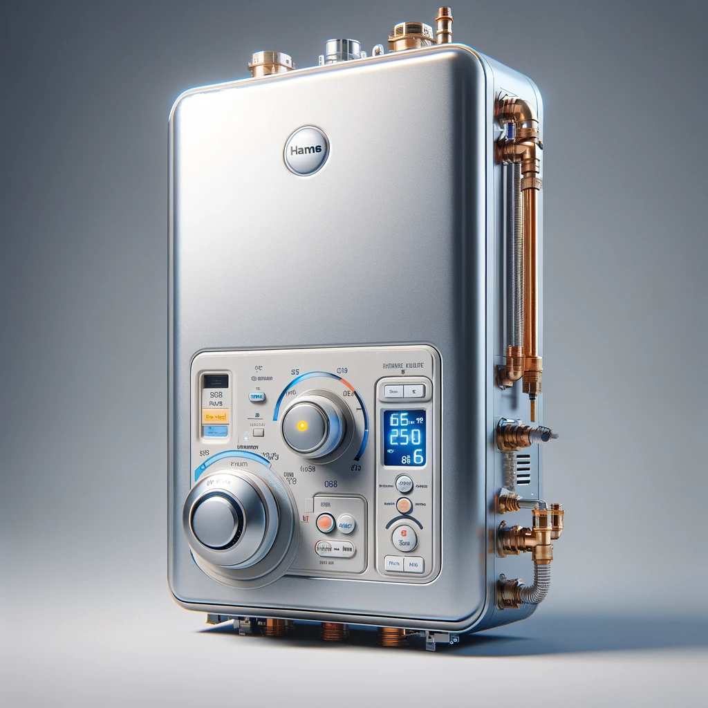 A photorealistic image of a typical tankless water heater, small and wall-mounted. It should feature a heat exchanger, a burner, a gas or electric sup